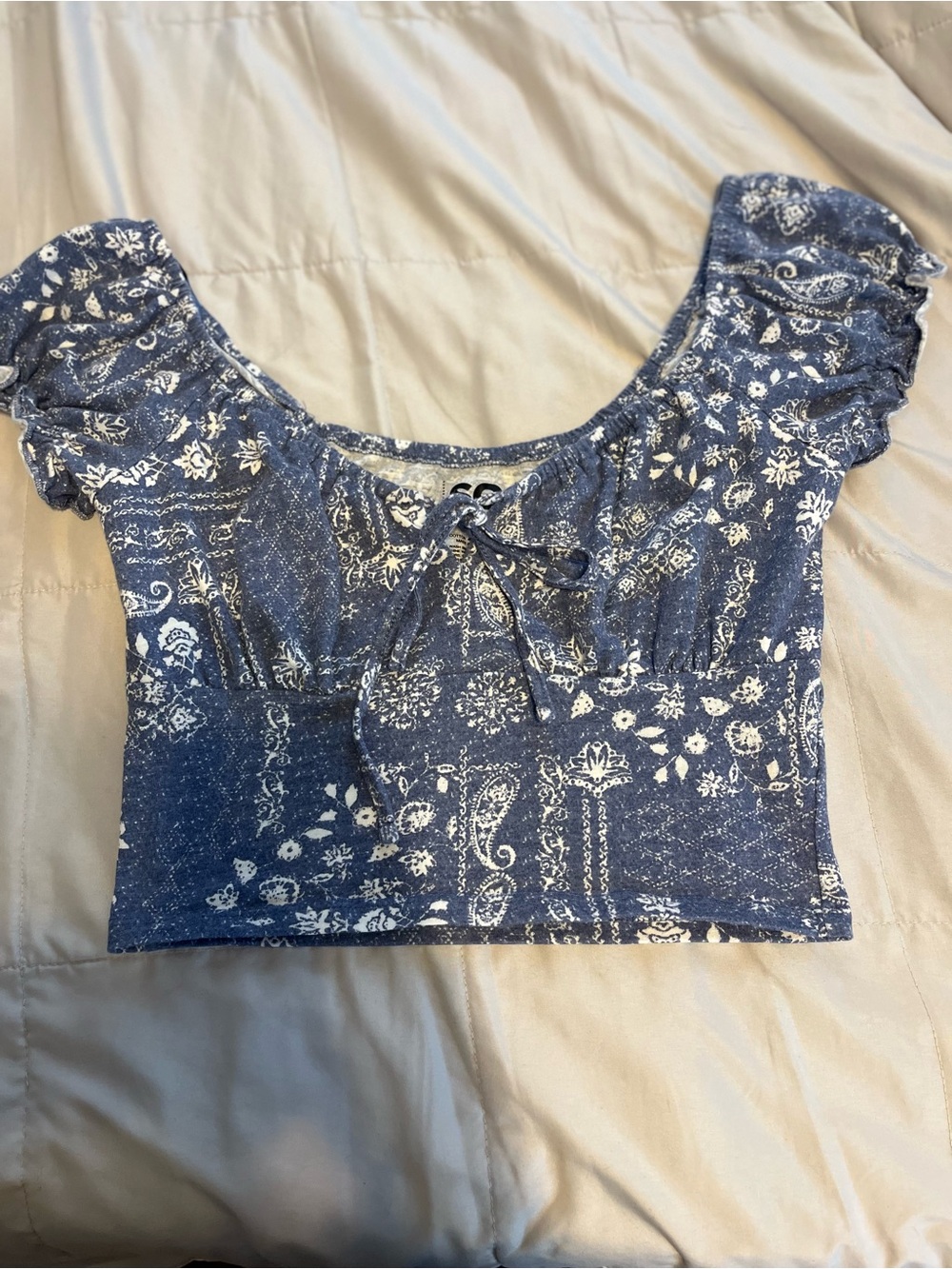 SO Blue Paisley Tie-Front Crop Top
